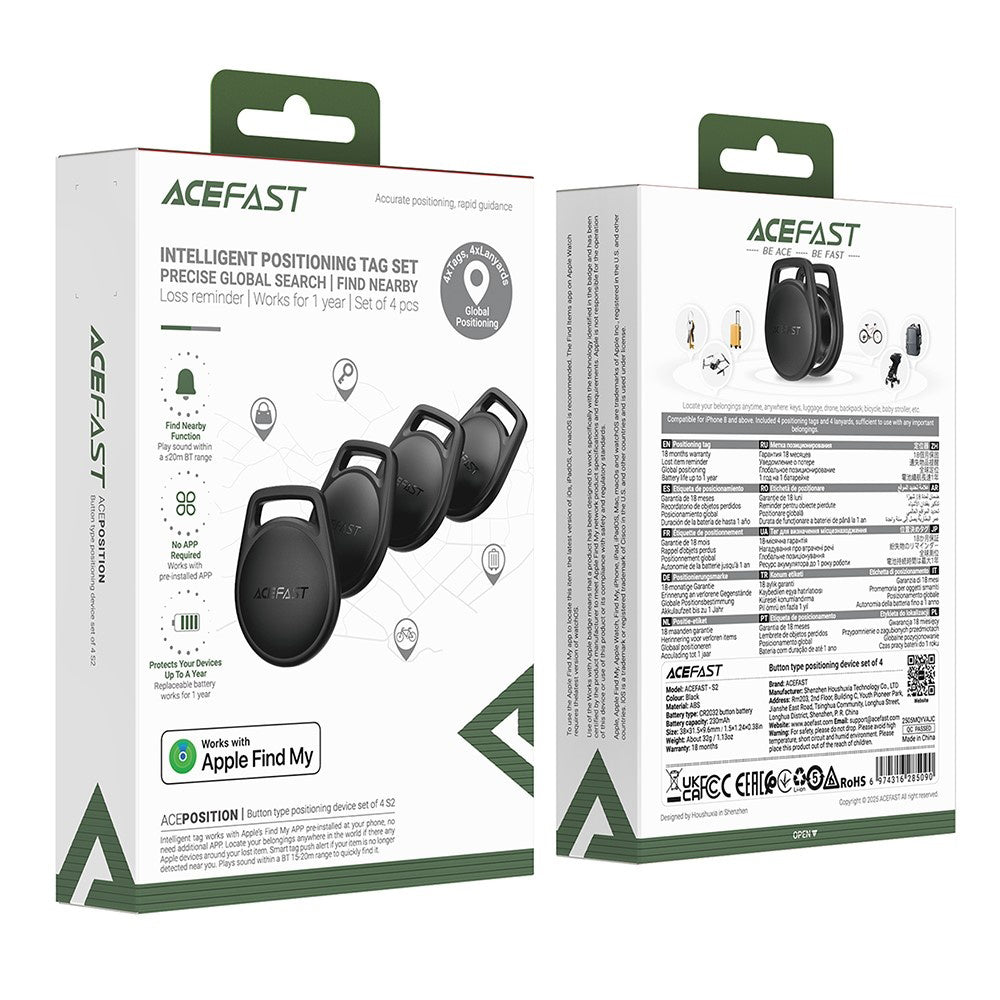 Acefast SmartTag S2 for iOS-serien, Sett med 4 stykker, Svart