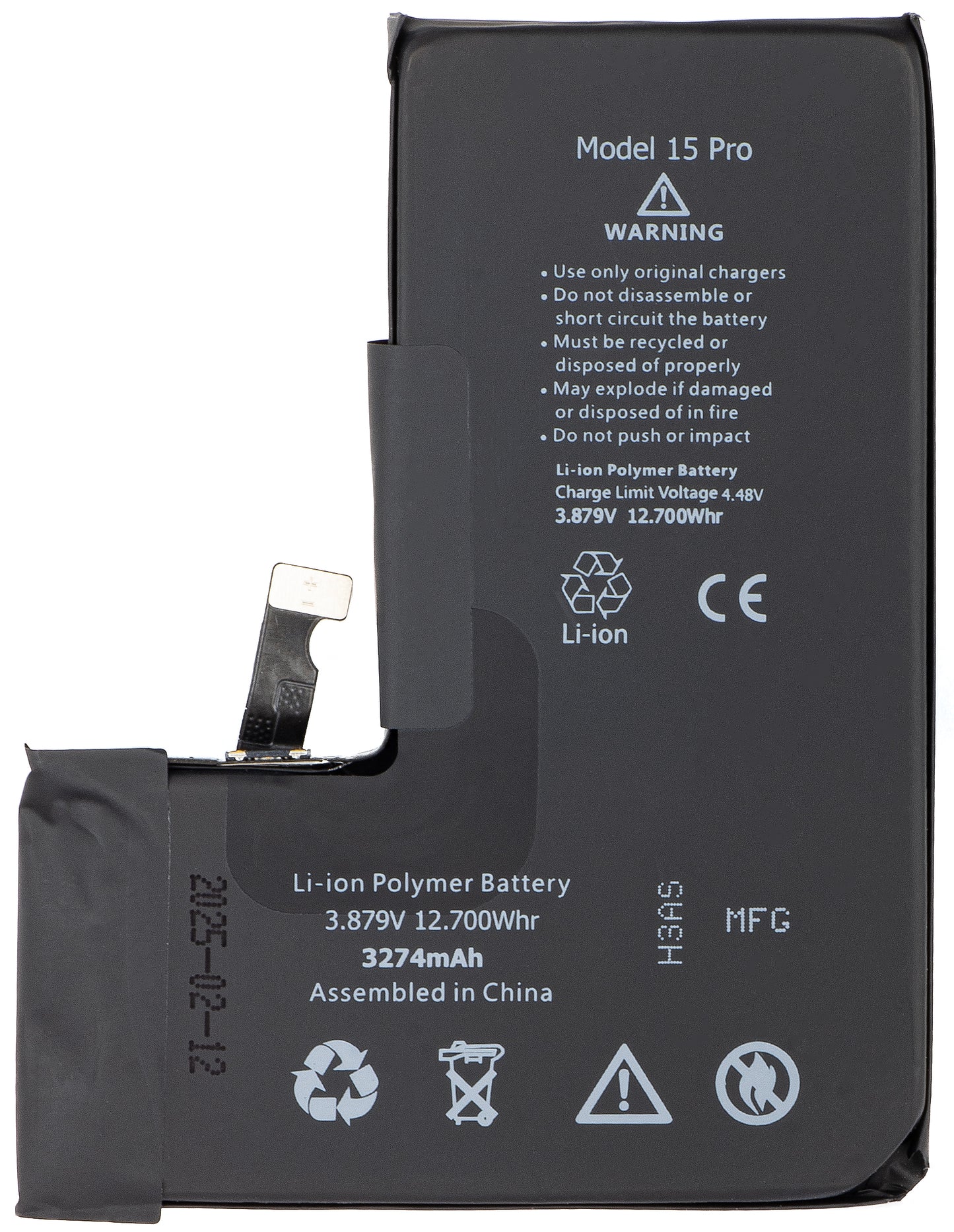Apple iPhone 15 Pro batteri, med integrert Flex BMS-bånd (krever ikke lodding av kontakter)