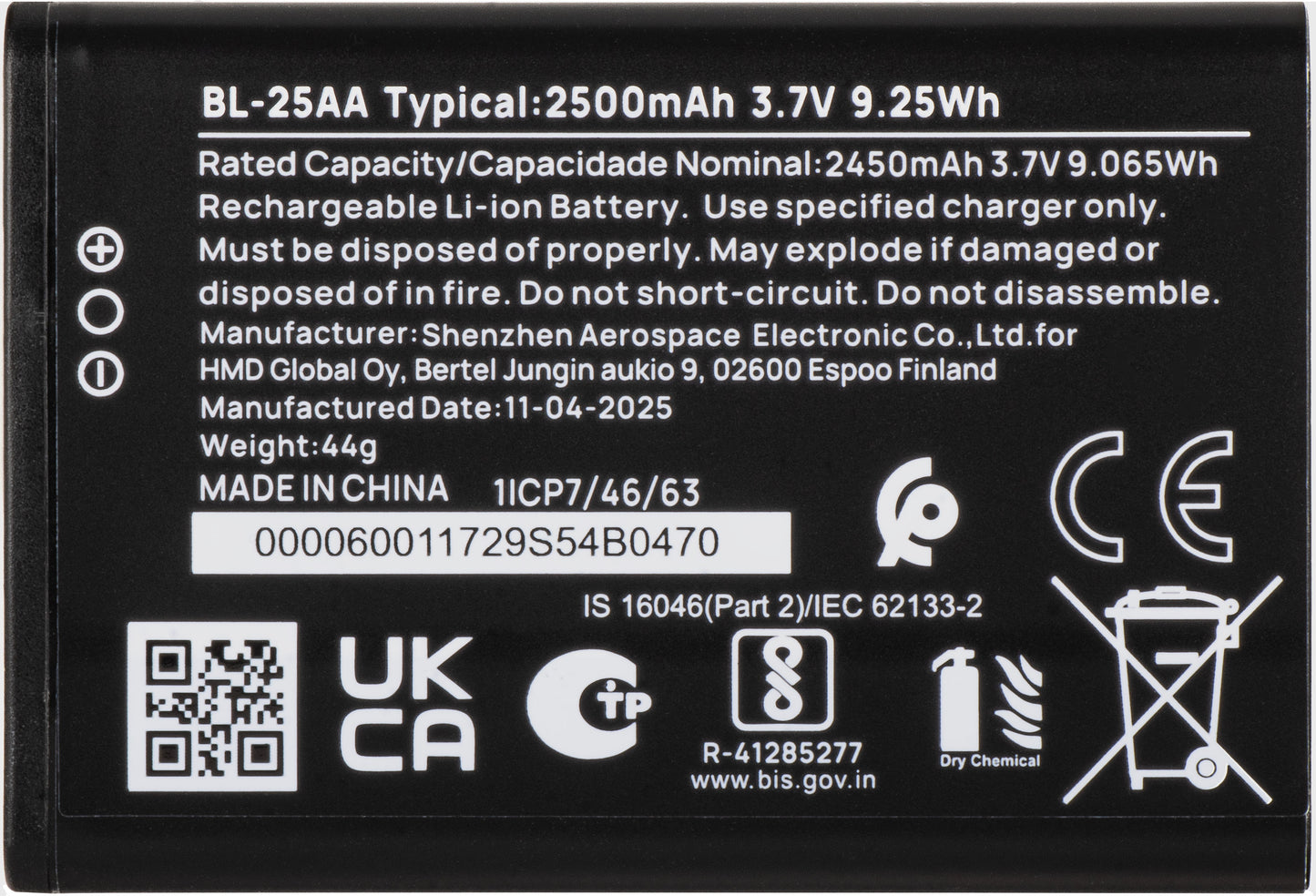 Batteri HMD 130 Music, BL-25AA, Service Pack SP60Z01Z1730Y