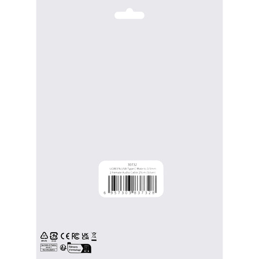 USB-C lydsplitteradapter USB-C - 2 x 3,5 mm UGREEN AV144 2in1, 0,20 m, grå