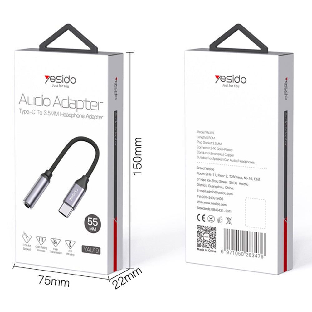 USB-C til 3.5mm lydadapter Yesido YAU19, Svart