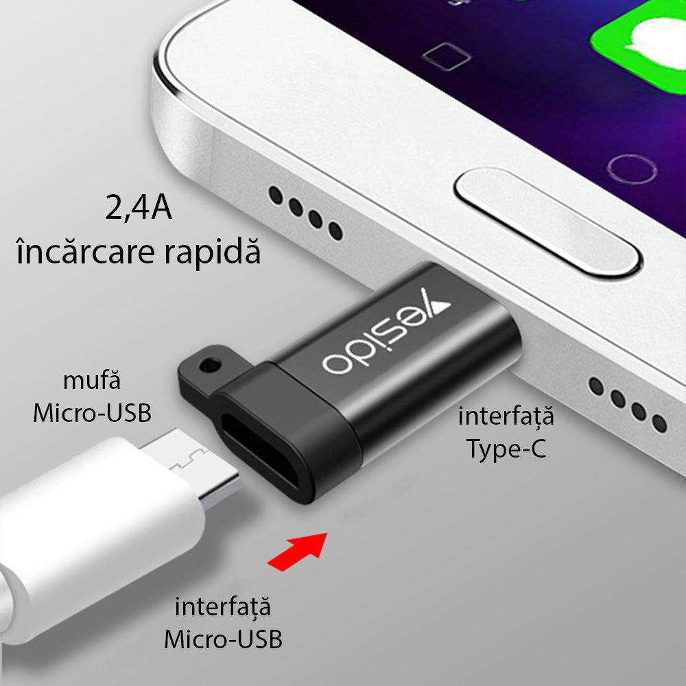 Adaptor for data og lading microUSB - USB-C Yesido GS04, Svart