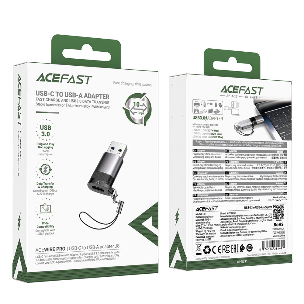 USB-C - USB-A Acefast J8 data- og ladeadapter, Grå