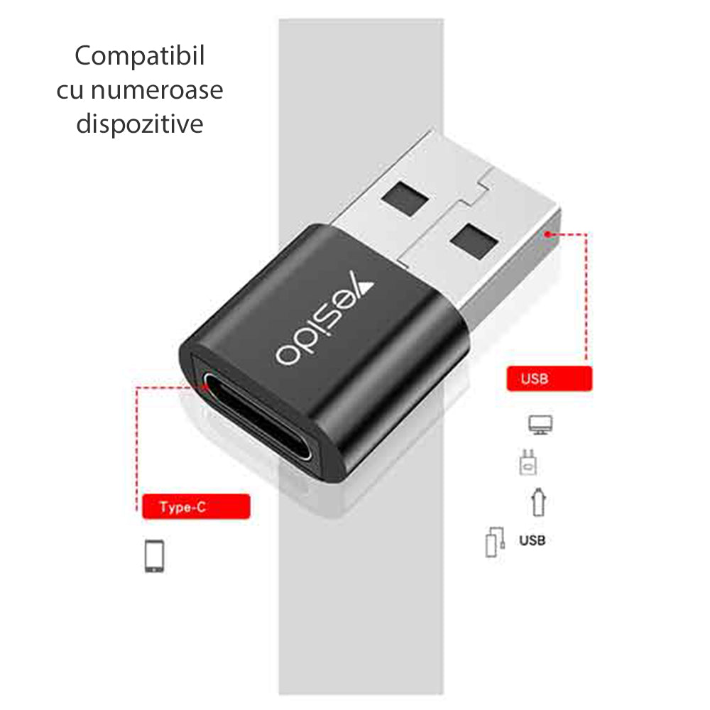 Adapter for Data og Lading USB-C - USB-A Yesido GS09, Svart