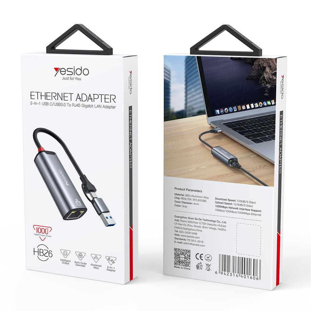 Nettverkskort Yesido HB26, RJ45, USB / USB-C, Grå