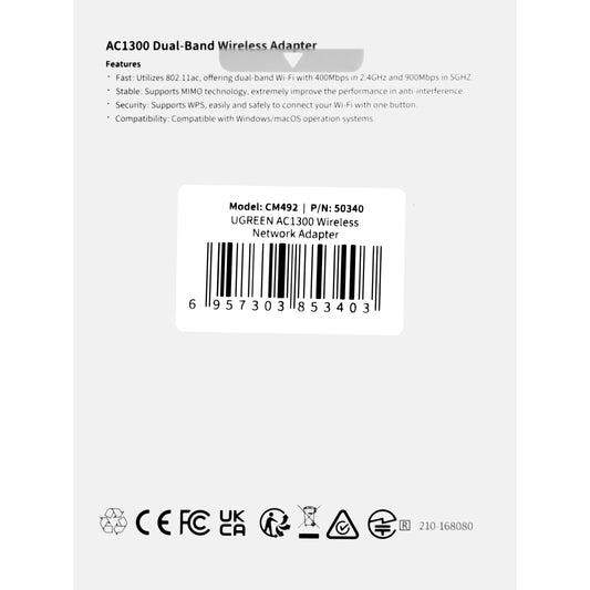 Trådløs adapter UGREEN CM492, Dual Band, 1300 Mbps, grå