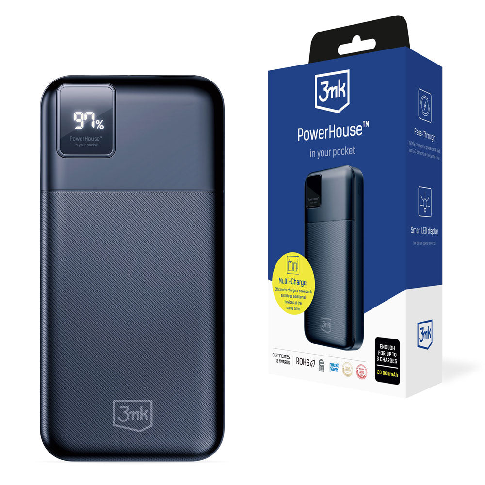 3MK PowerHouse eksternt batteri, 20000 mAh, 22,5 W, QC + PD, 1 x USB-A - 1 x USB-C, svart