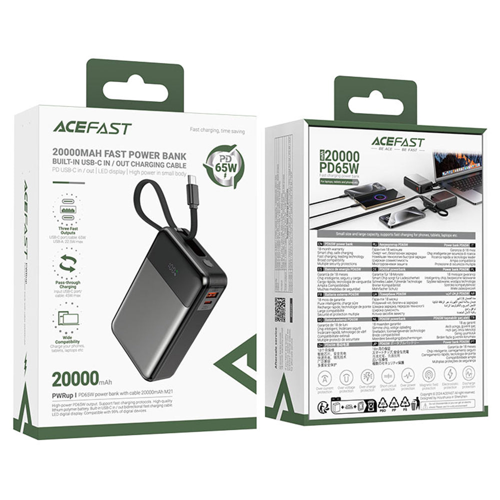 Ekstern batteri Acefast M21, 20000mAh, 65W, QC + PD, 1 x USB-A - 2 x USB-C, Svart