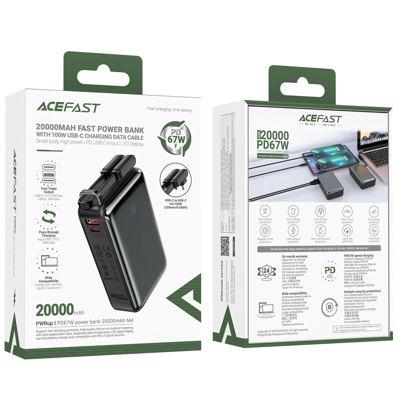 Ekstern batteri Acefast M4, 20000mAh, 67W, PD, 1 x USB-A - 2 x USB-C, Svart