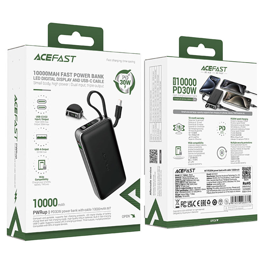 Ekstern batteri Acefast M7, 10000mAh, 30W, QC + PD, 1 x USB-A - 2 x USB-C, Svart