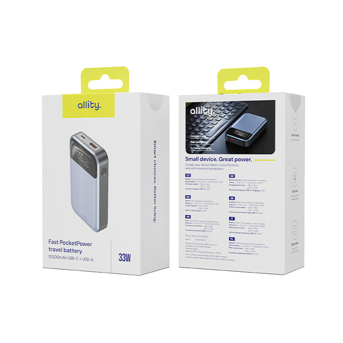 Allity Ekstern Batteri. APB-200 PocketPower, 10000mAh, 33W, QC + PD, 1 x USB-A - 1 x USB-C, Grå