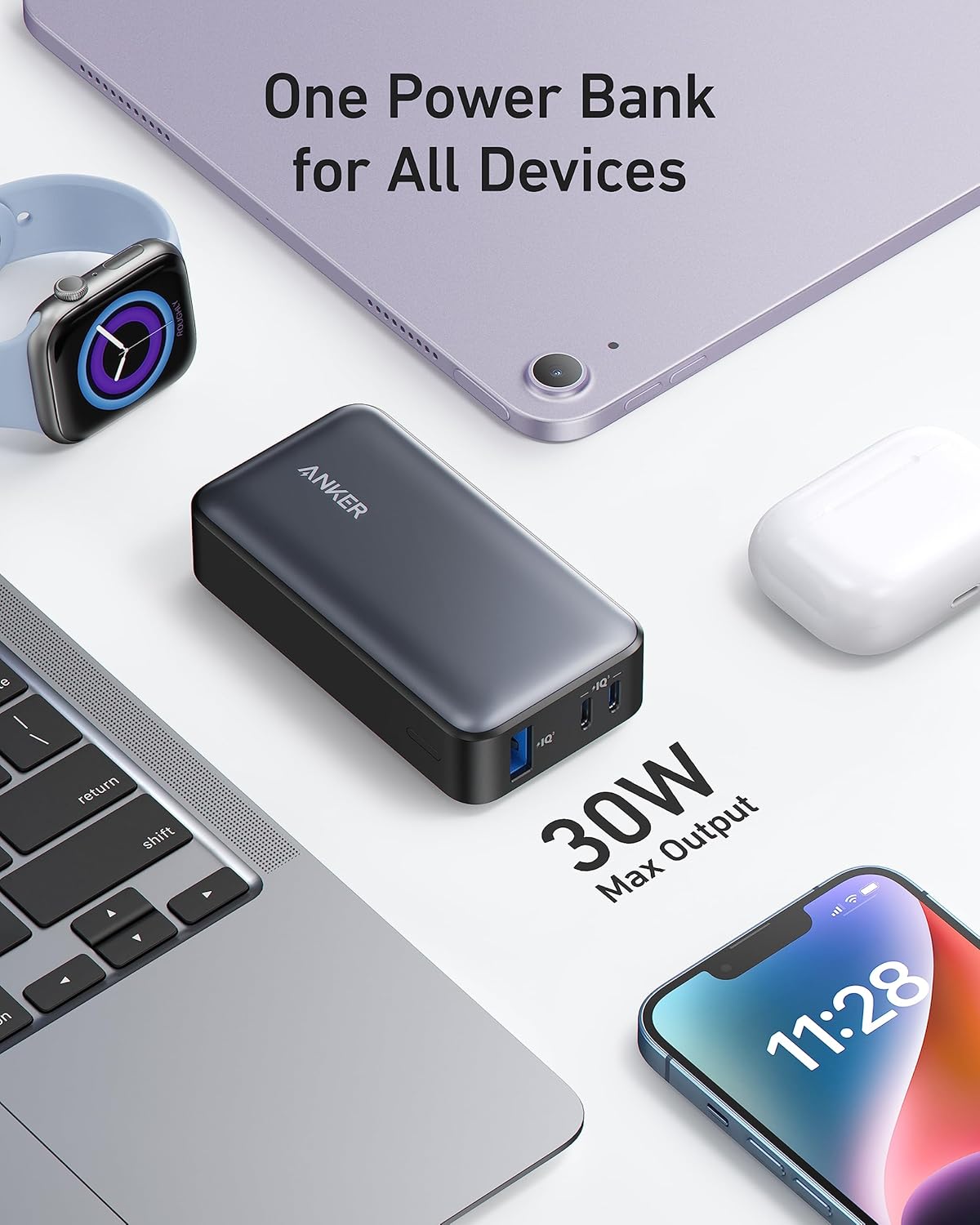 Anker 533 Eksternt batteri, 10000 mAh, 30 W, QC + PD, 1 x USB-A - 2 x USB-C, svart A1256G12