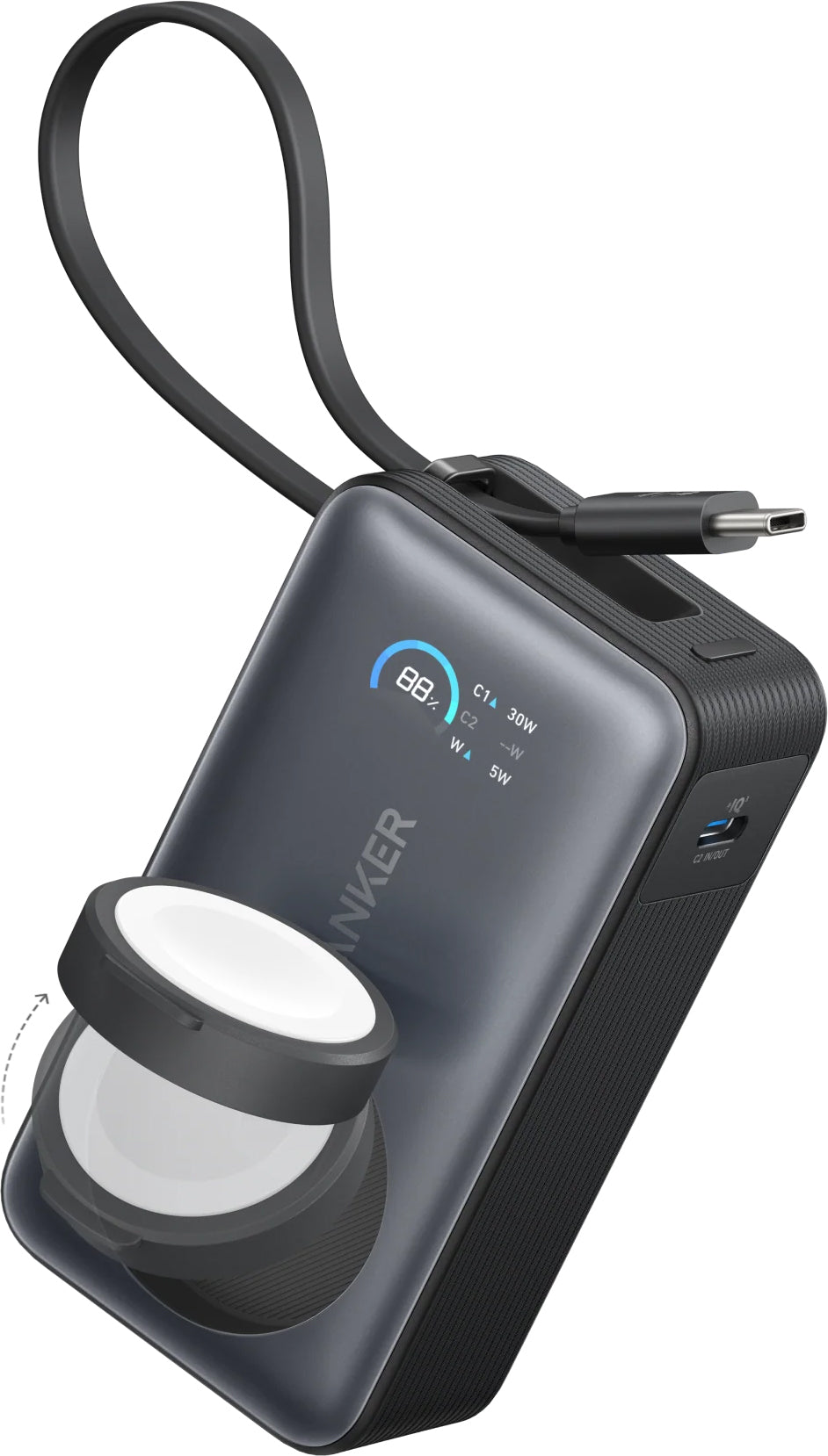 Ekstern trådløs batteri Anker MagGo, 10000mAh, 35W, PD + QI, 1 x QI - 2 x USB-C, Svart A1657011