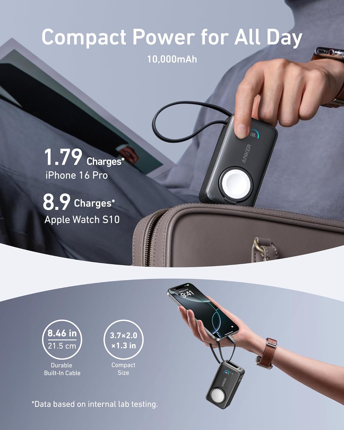 Ekstern trådløs batteri Anker MagGo, 10000mAh, 35W, PD + QI, 1 x QI - 2 x USB-C, Svart A1657011