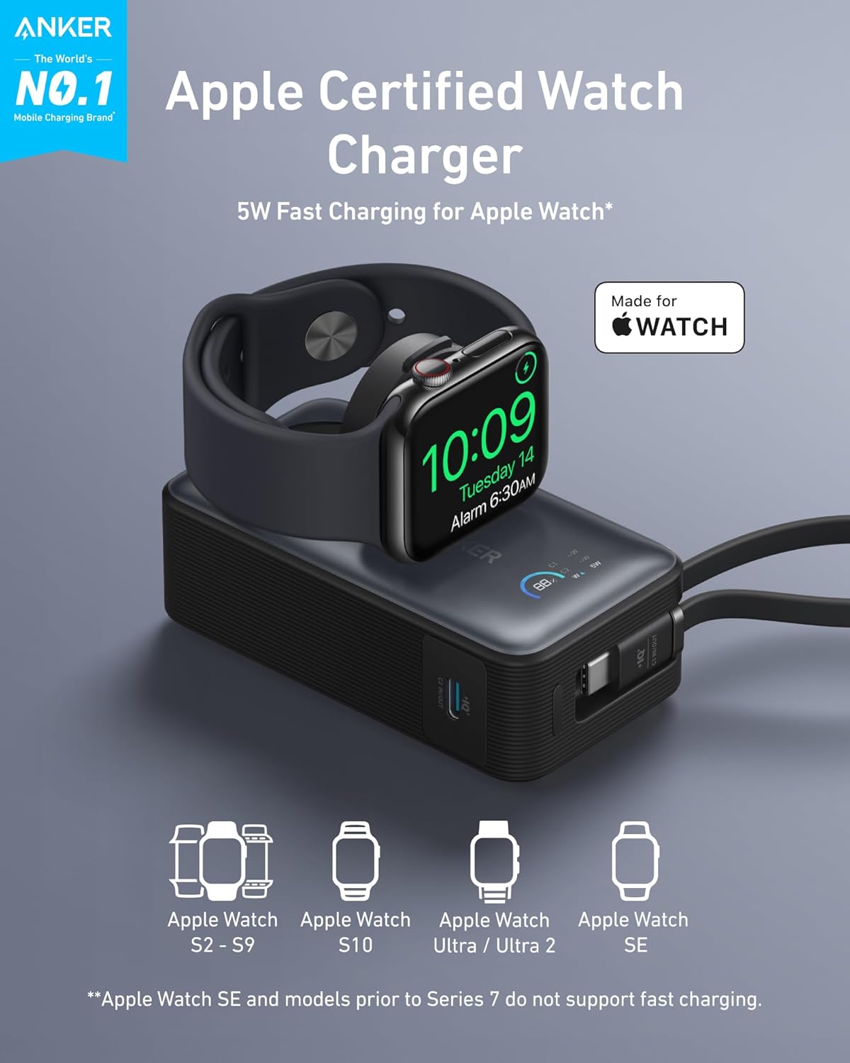 Ekstern trådløs batteri Anker MagGo, 10000mAh, 35W, PD + QI, 1 x QI - 2 x USB-C, Svart A1657011