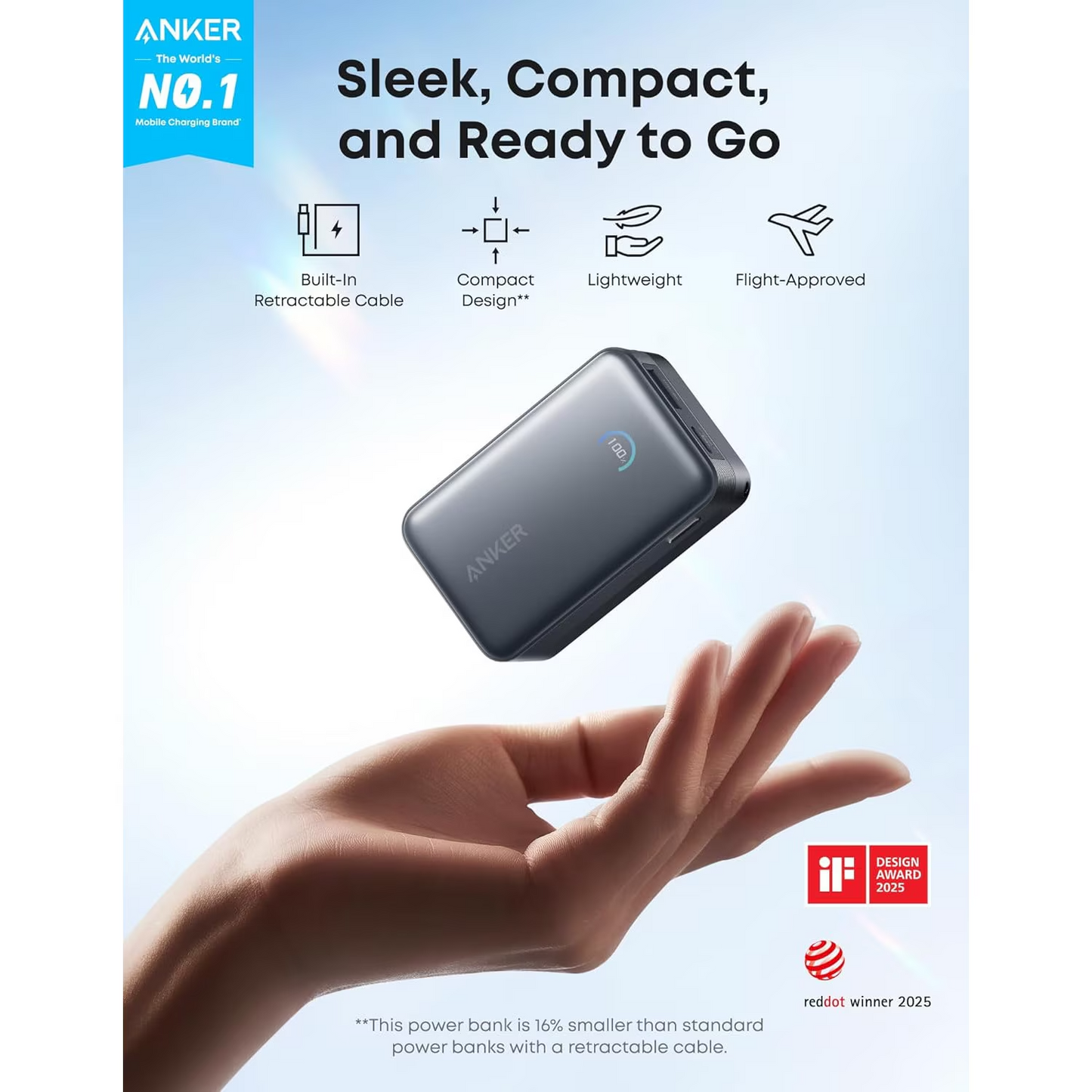 Ekstern batteri Anker Nano, 10000mAh, 45W, QC + PD, 1 x USB-A - 1 x USB-C, Svart A1638H11