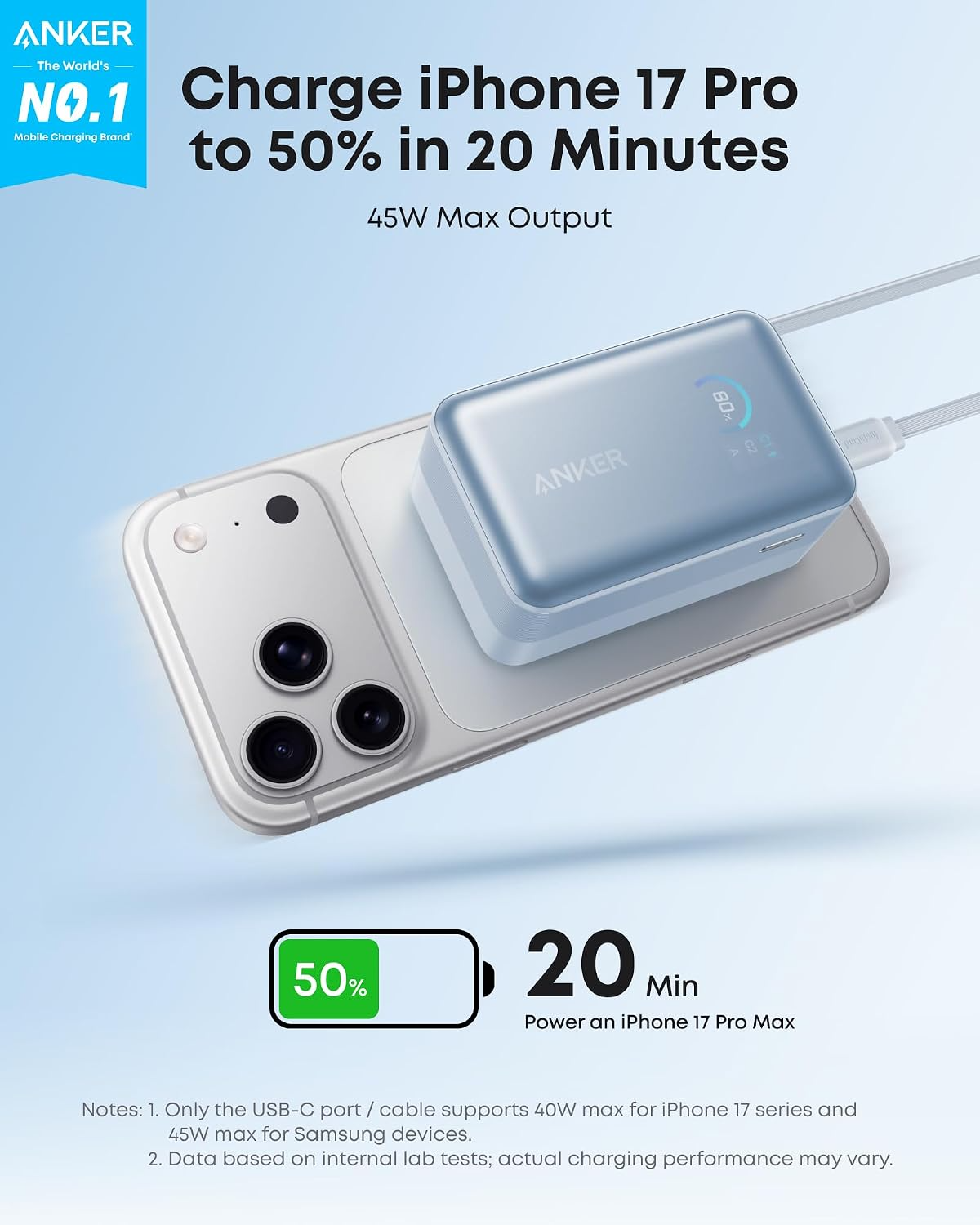 Anker Nano Ekstern Batteri, 10000mAh, 45W, QC + PD, 1 x USB-A - 2 x USB-C, Blå