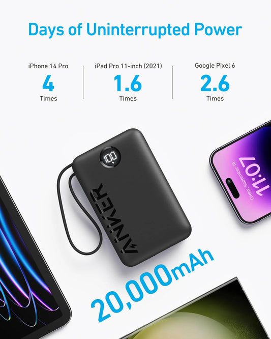 Anker PowerCore 335 Eksternt batteri, 20000 mAh, 22,5 W, QC + PD, 1 x USB-A - 2 x USB-C, svart A1647G11
