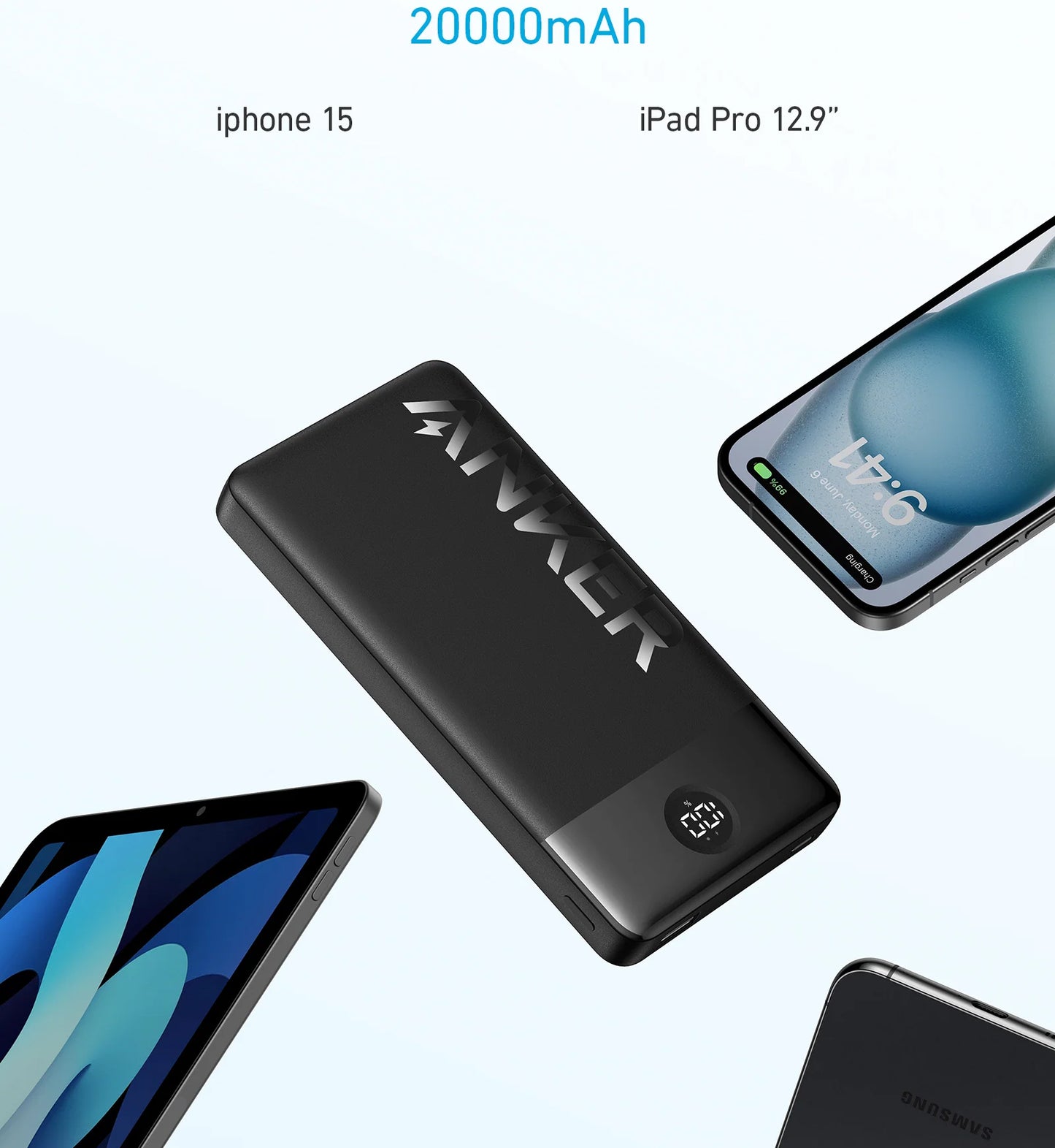 Anker PowerCore 326 eksternt batteri, 20000 mAh, 15 W, 1 x USB-A - 1 x USB-C, svart A1367G11