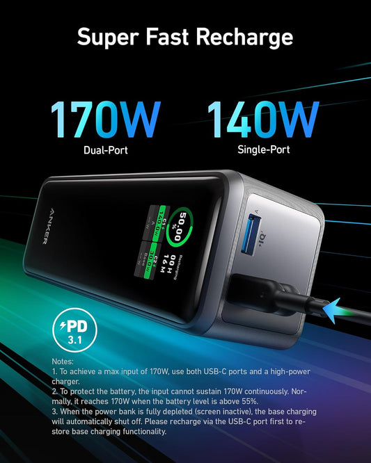 Anker Prime eksternt batteri, 27650 mAh, 250 W, QC + PD, 1 x USB-A - 2 x USB-C, svart A1340011 A1340011