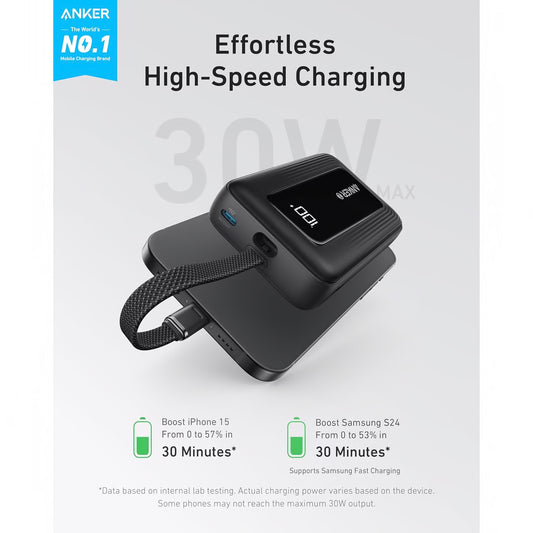 Anker Zolo eksternt batteri, 10000 mAh, 30 W, QC + PD, 1 x USB-A - 2 x USB-C, svart