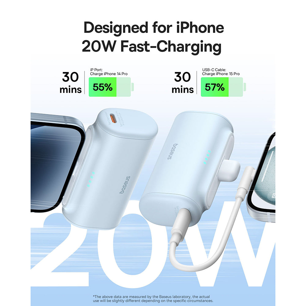 Ekstern batteri Baseus Compact, 5000mAh, 20W, PD, 1 x Lightning - 1 x USB-C, Blå P10068307313-00