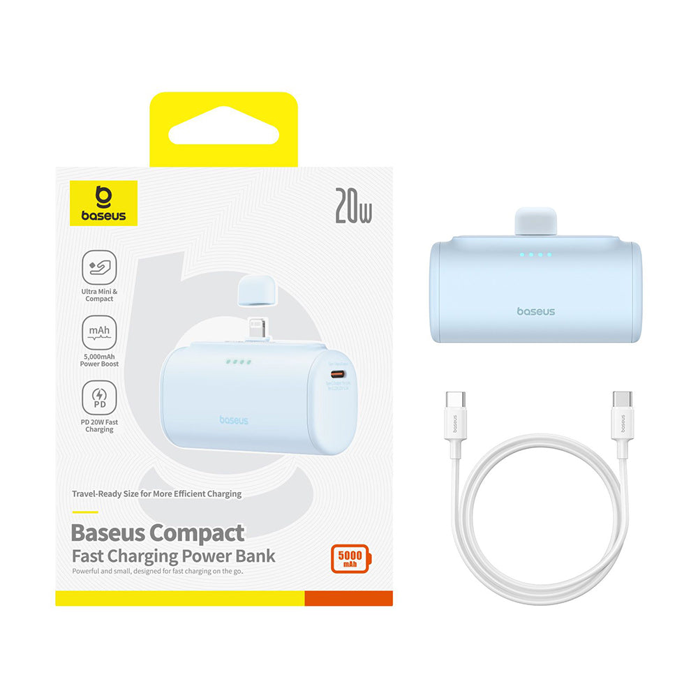 Ekstern batteri Baseus Compact, 5000mAh, 20W, PD, 1 x Lightning - 1 x USB-C, Blå P10068307313-00