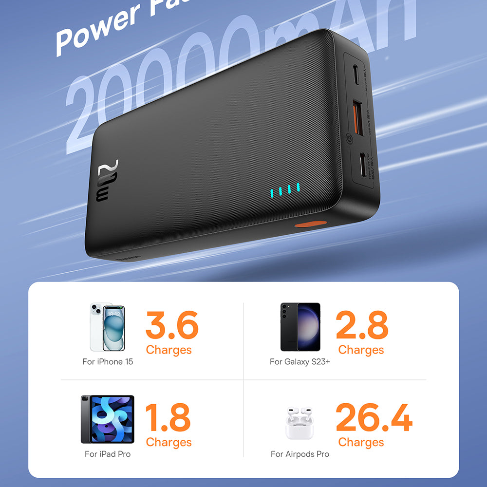 Ekstern batteri Baseus Airpow, 20000mAh, 20W, QC + PD, 1 x USB-A - 1 x USB-C, Svart P10022804113-00