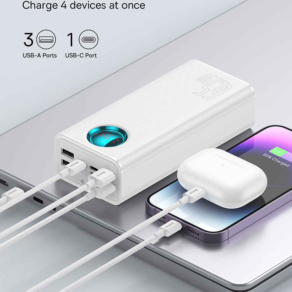 Ekstern Batteri Baseus Amblight Digital Display, 26800mAh, 65W, QC + PD, 1 x USB-C - 4 x USB-A, Hvit P10022402223-00