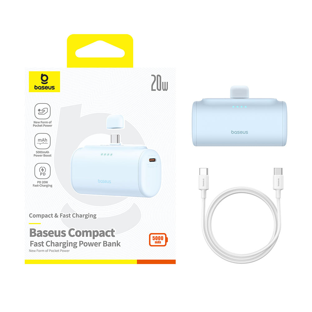 Ekstern batteri Baseus Compact, 5000mAh, 20W, PD, 2 x USB-C, Blå P10068306313-00