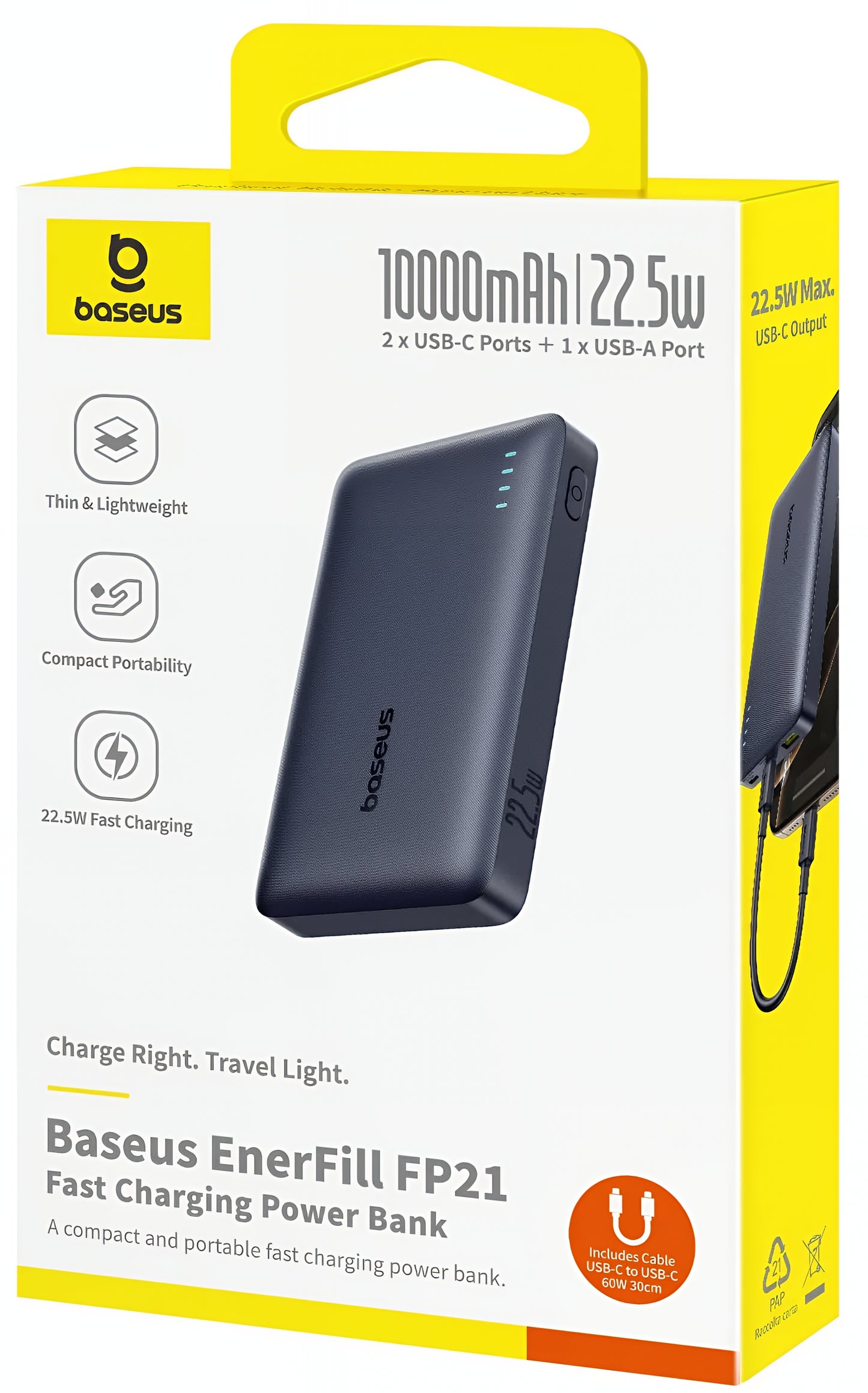 Ekstern batteri Baseus EnerFill FP21, 10000mAh, 22.5W, QC + PD, 1 x USB-A - 2 x USB-C, Svart P1008210D123-00