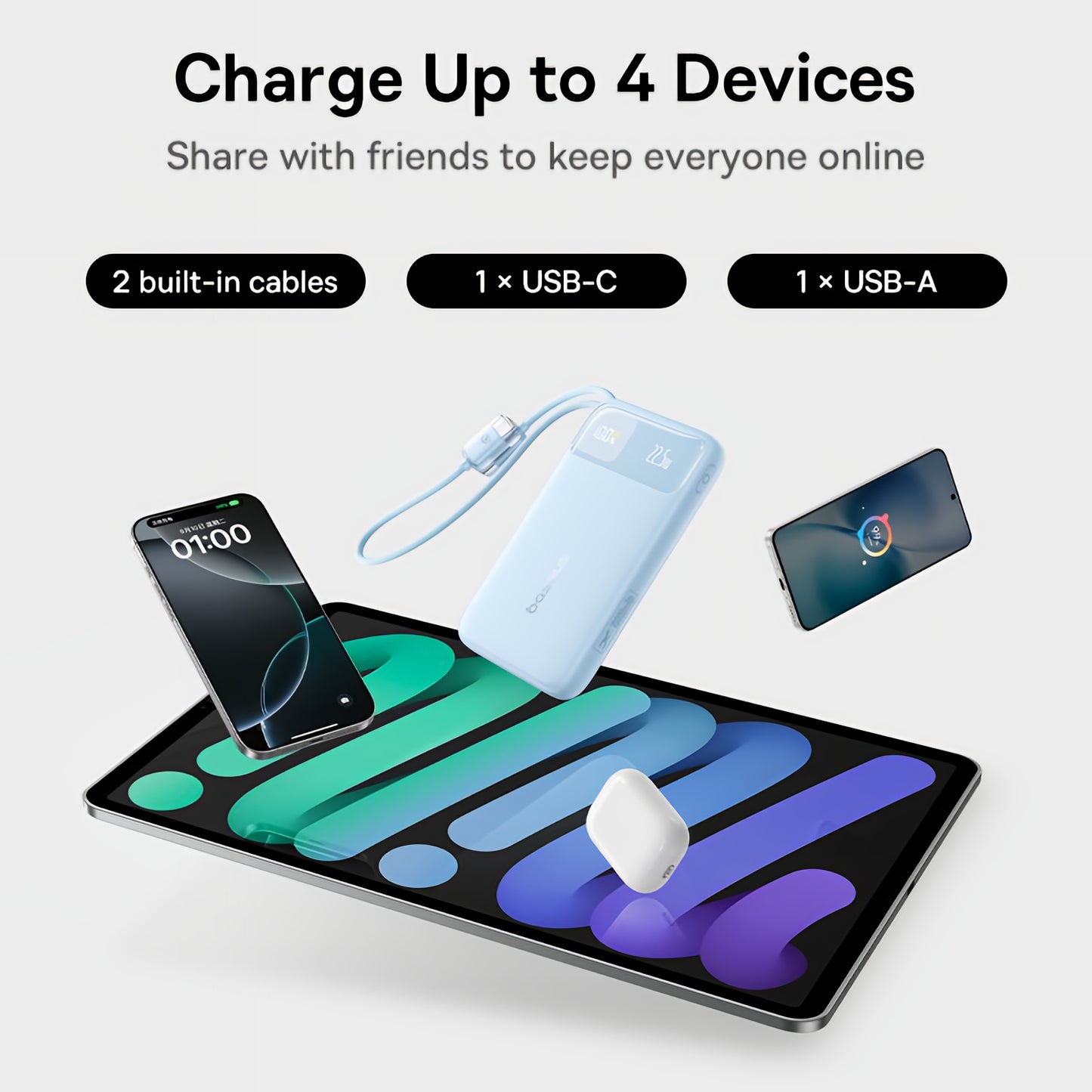 Baseus EnerFill FC11 eksternt batteri, 20000mAh, 22,5W, QC + PD, 1 x Lightning - 1 x USB-A - 2 x USB-C, Blå E0027S06