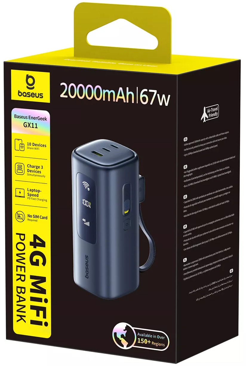 Baseus EnerGeek GX11 Ekstern Batteri, 20000mAh, 67W, QC + PD, 1 x USB-A - 2 x USB-C, Svart E0025701