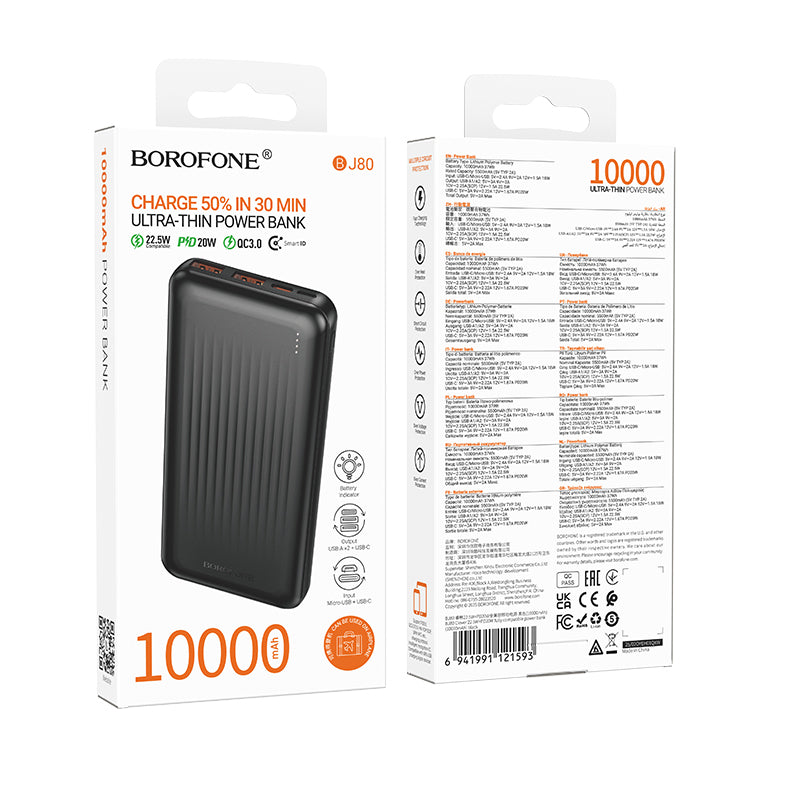Ekstern Batteri Borofone BJ80A Clever, 10000mAh, 22.5W, QC + PD, 1 x USB-C - 2 x USB-A, Svart