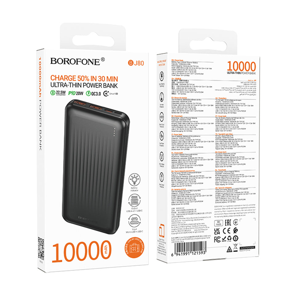 Ekstern Batteri Borofone BJ80A Clever, 10000mAh, 22.5W, QC + PD, 1 x USB-C - 2 x USB-A, Svart