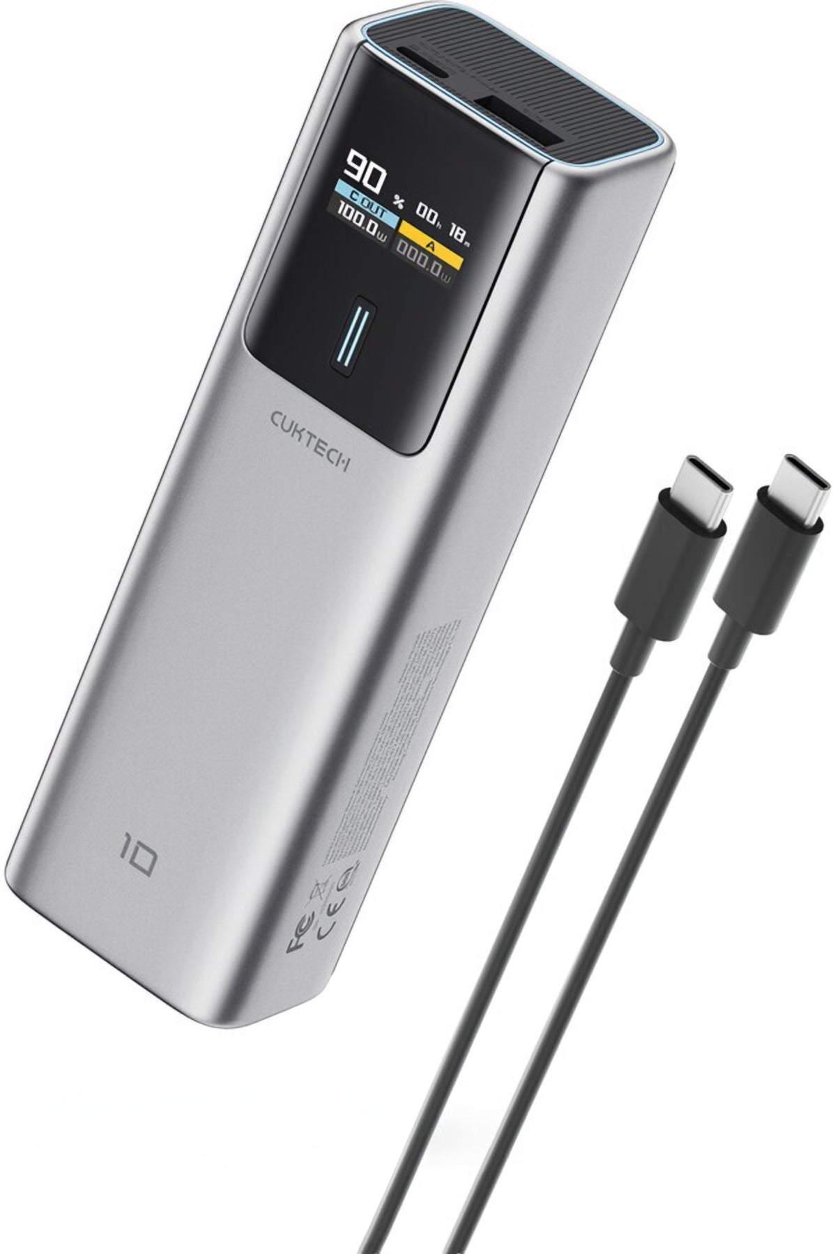 Ekstern Batteri Cuktech, 10000mAh, 150W, QC + PD, 1 x USB-A - 1 x USB-C, Grå CKPB100PGLBK
