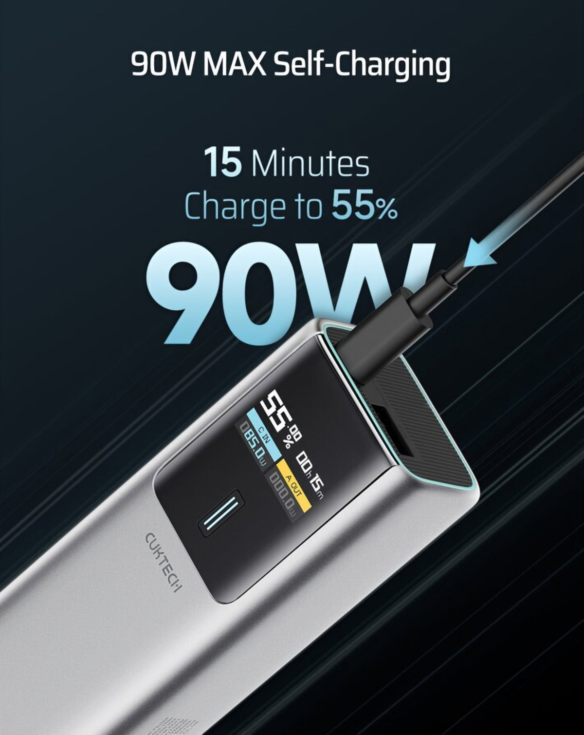 Ekstern Batteri Cuktech, 10000mAh, 150W, QC + PD, 1 x USB-A - 1 x USB-C, Grå CKPB100PGLBK