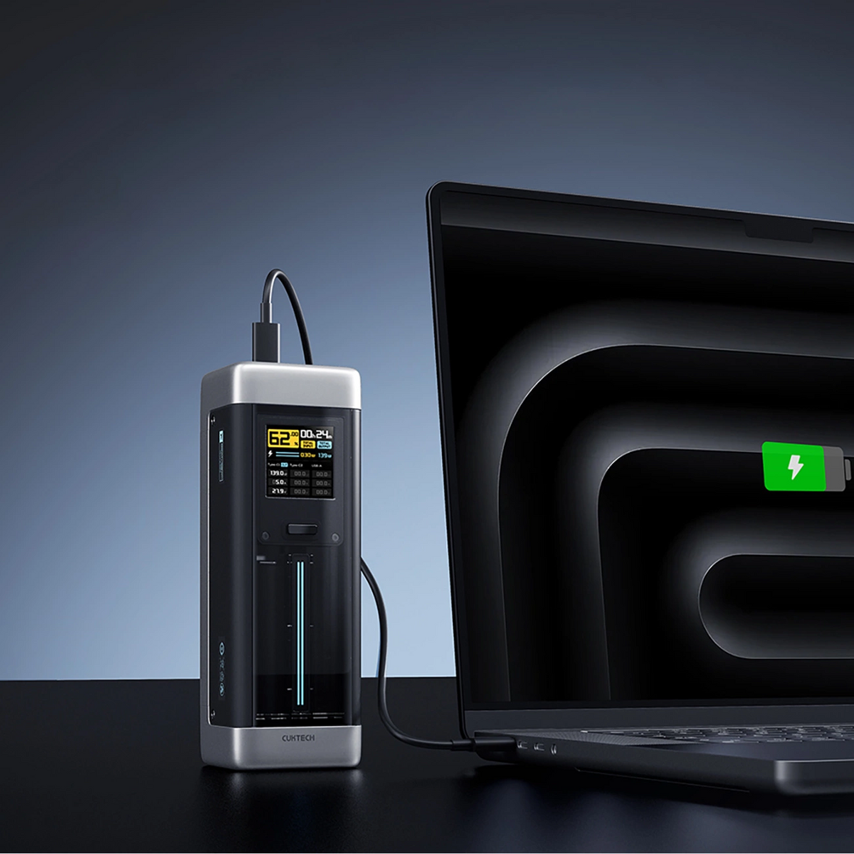Ekstern Batteri Cuktech, 25000mAh, 210W, QC + PD, 1 x USB-A - 2 x USB-C, Svart CUK00P23GLBK