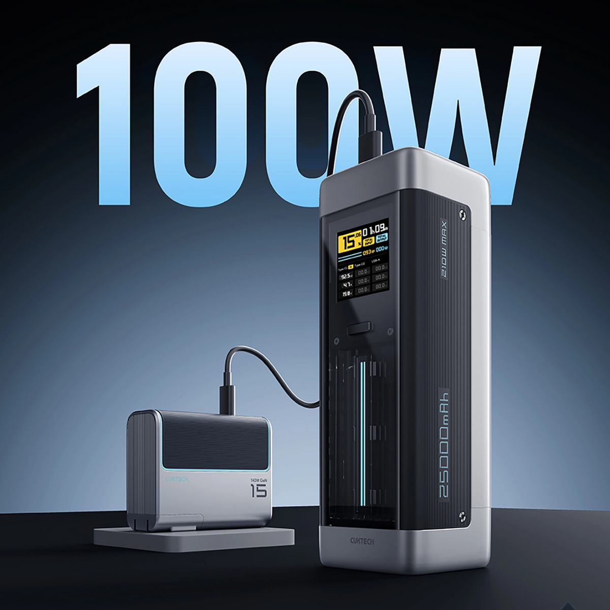 Ekstern Batteri Cuktech, 25000mAh, 210W, QC + PD, 1 x USB-A - 2 x USB-C, Svart CUK00P23GLBK