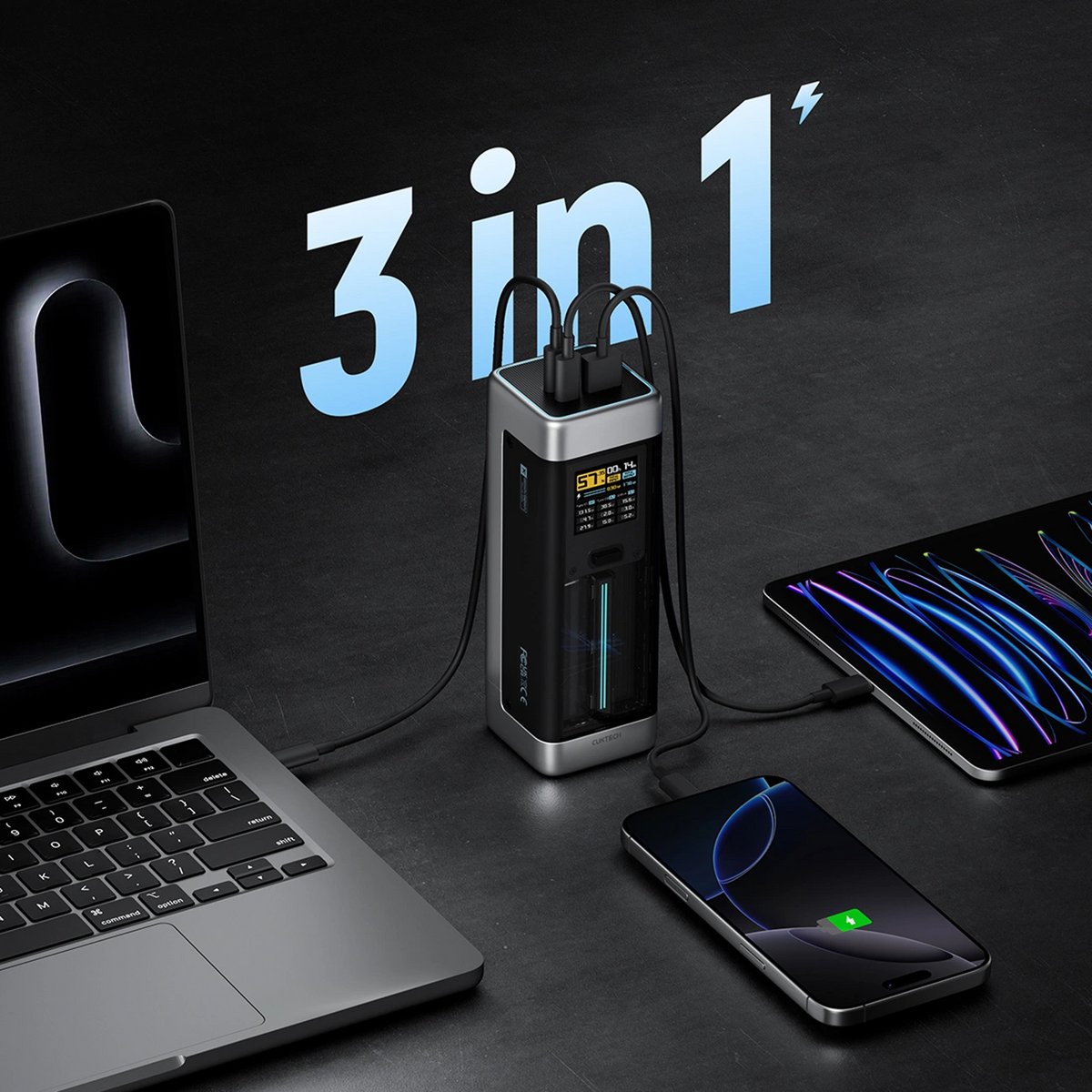 Ekstern Batteri Cuktech, 25000mAh, 210W, QC + PD, 1 x USB-A - 2 x USB-C, Svart CUK00P23GLBK
