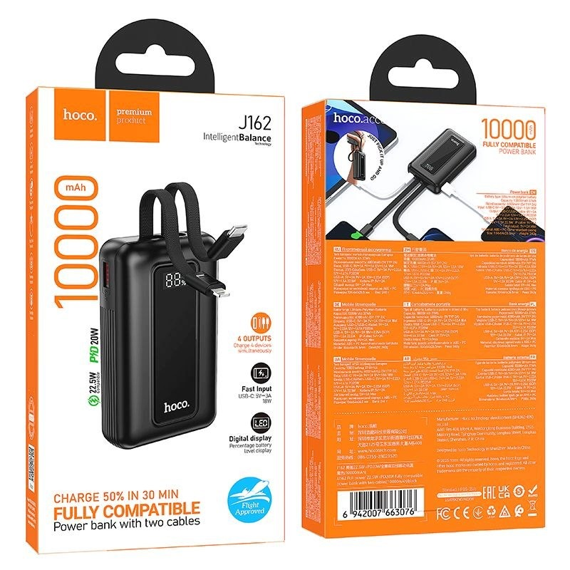 Ekstern batteri HOCO J162, 10000mAh, 22.5W, QC + PD, 1 x Lightning - 1 x USB-A - 2 x USB-C, Svart
