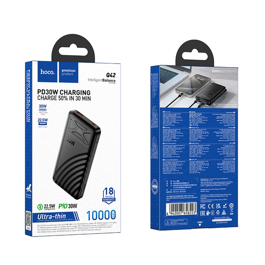 HOCO Q42 powerbank, 10000 mAh, 30 W, QC + PD, 1 x USB-A – 1 x USB-C, svart