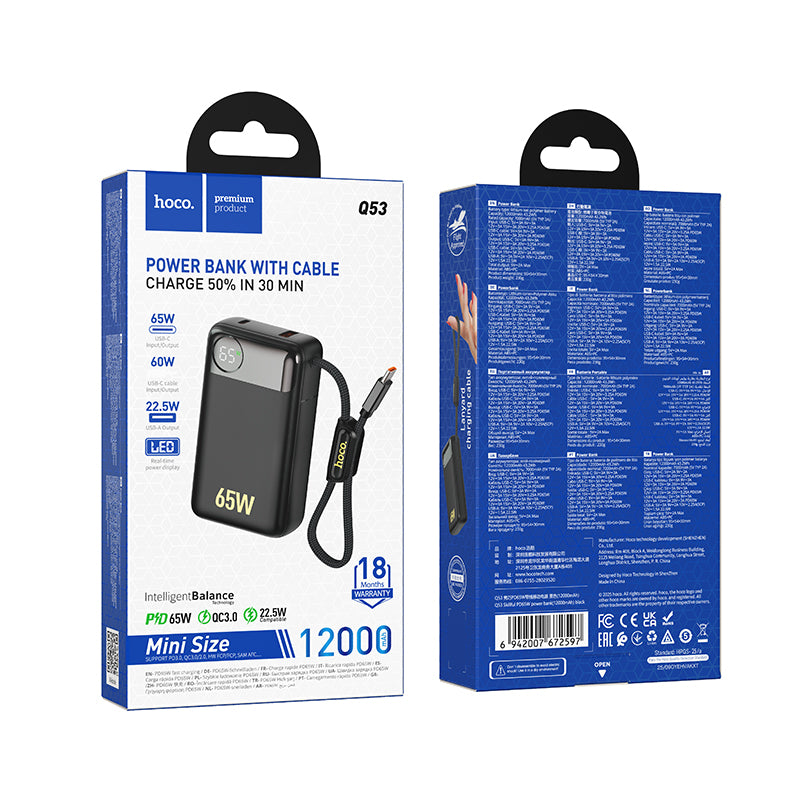 Ekstern batteri HOCO Q53, 12000mAh, 65W, QC + PD, 1 x USB-A - 2 x USB-C, Svart