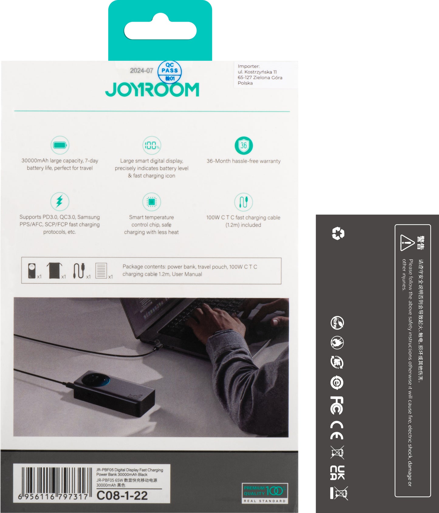 Ekstern Batteri Joyroom JR-PBF05, 30000mAh, 65W, QC + PD, 1 x USB-A - 2 x USB-C, Svart