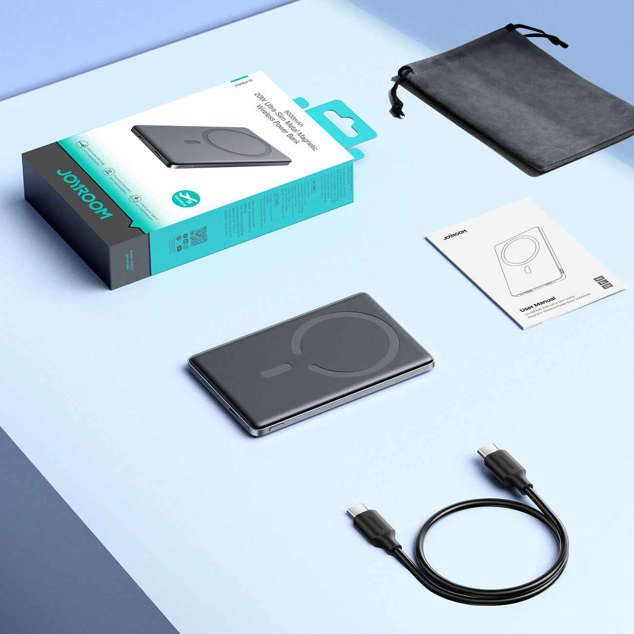 Ekstern trådløs batteri Joyroom JR-PBM08, 5000mAh, 20W, PD + FQI, 1 x QI - 1 x USB-C, Grå