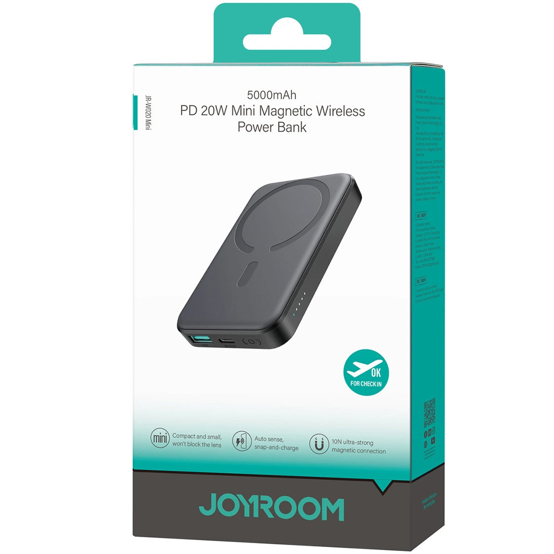 Ekstern trådløs batteri Joyroom JR-W020 Mini, 5000mAh, 20W, QC + PD + FQI, 1 x QI - 1 x USB-A - 1 x USB-C, Svart