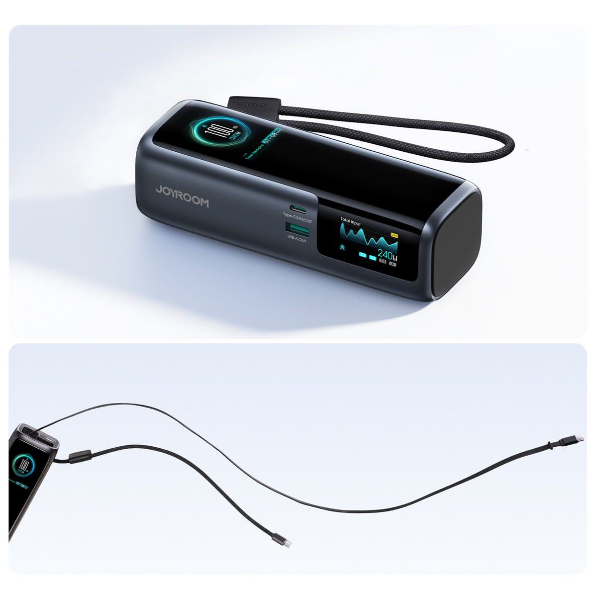 Joyroom PODIX PR70 powerbank, 25000 mAh, 240 W, QC + PD, 1 x USB-A – 3 x USB-C, svart