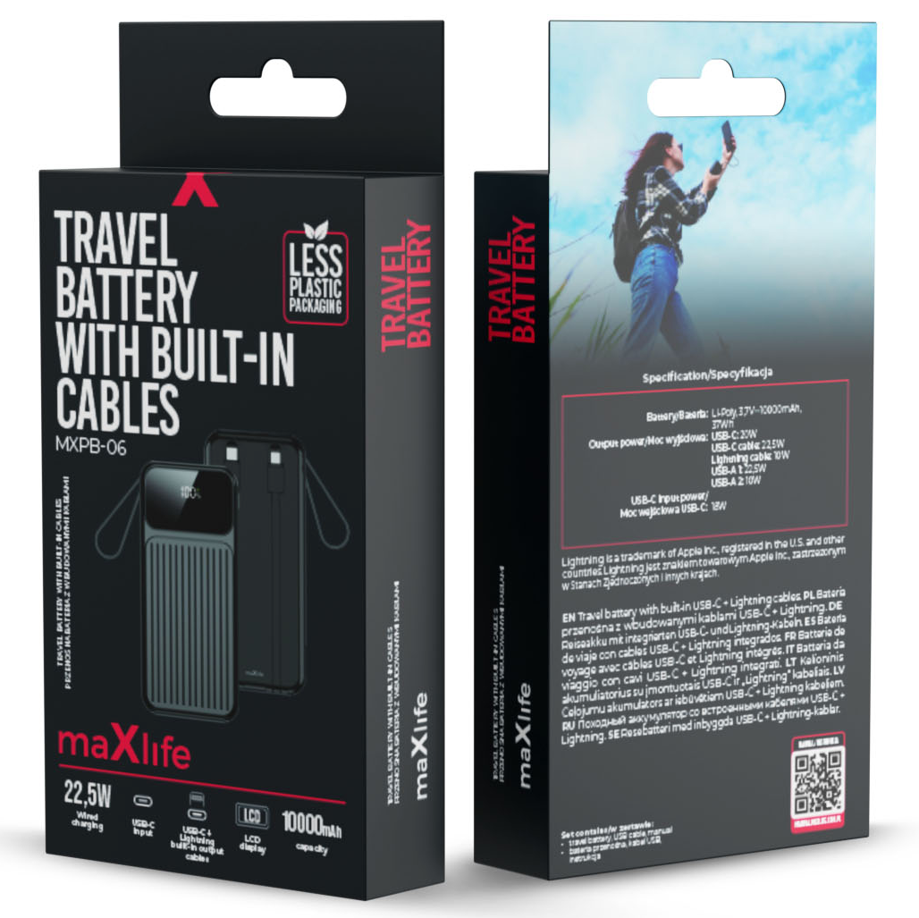 Ekstern batteri MaXlife MXPB-06, 10000mAh, 22.5W, QC + PD, 1 x Lightning - 2 x USB-A - 2 x USB-C, Svart
