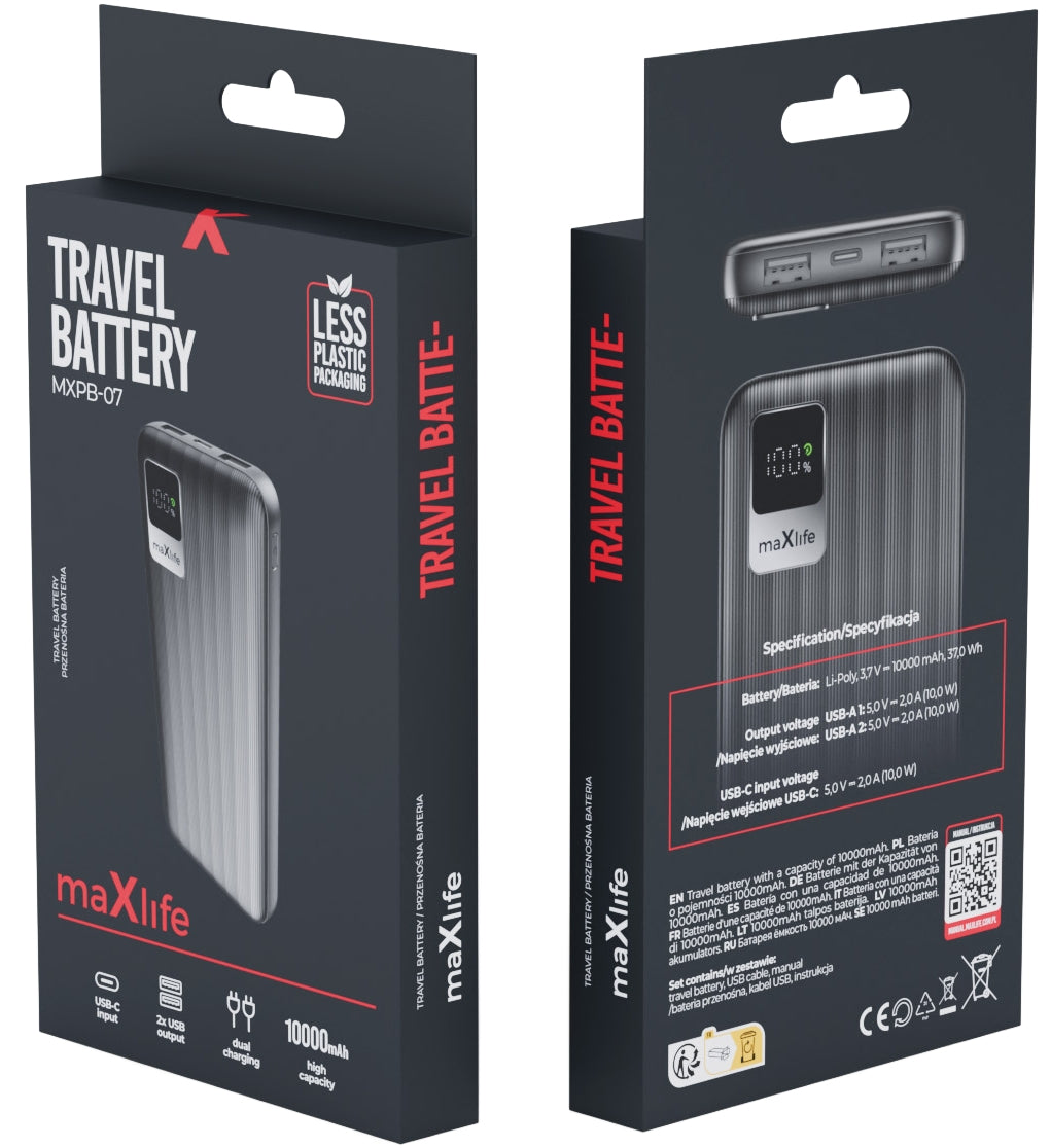 Ekstern Batteri MaXlife MXPB-07, 10000mAh, 10W, 2 x USB-A, Svart