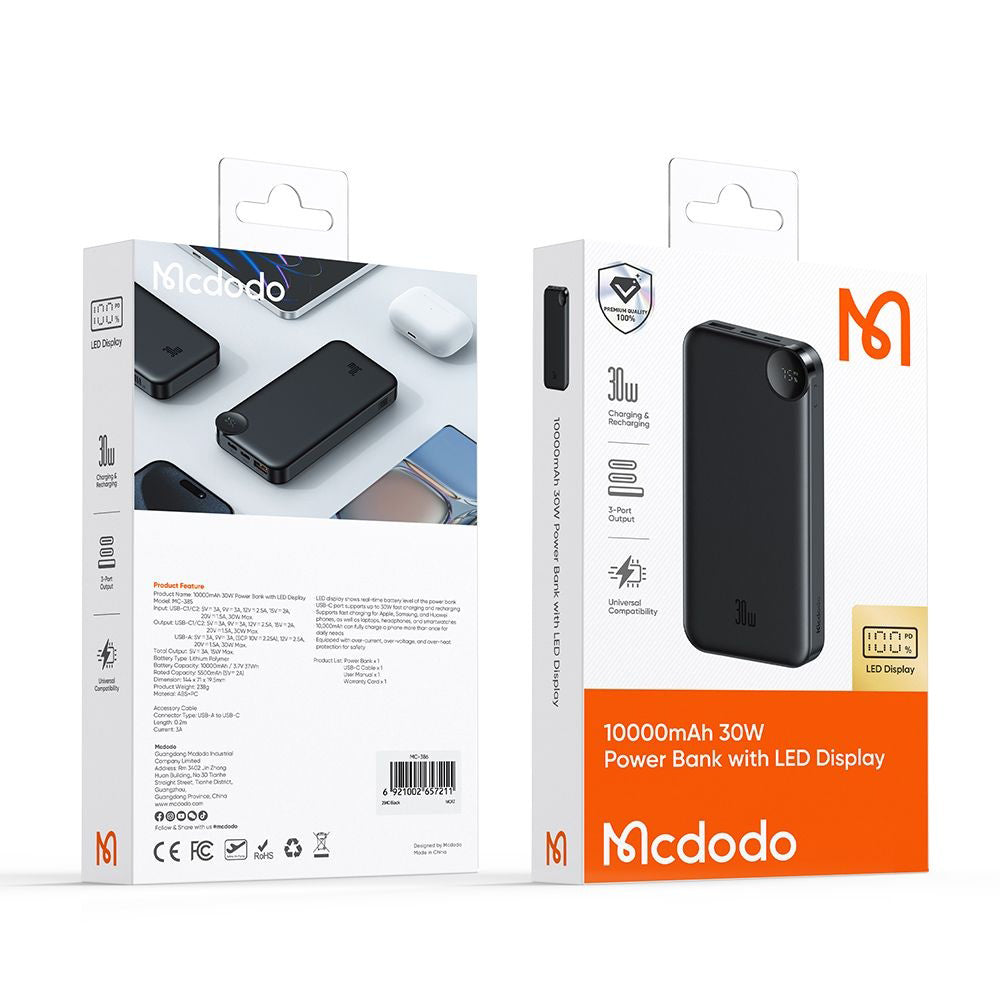 Ekstern Batteri McDodo MC-3850 Display, 10000mAh, 30W, QC + PD, 1 x USB-A - 2 x USB-C, Svart